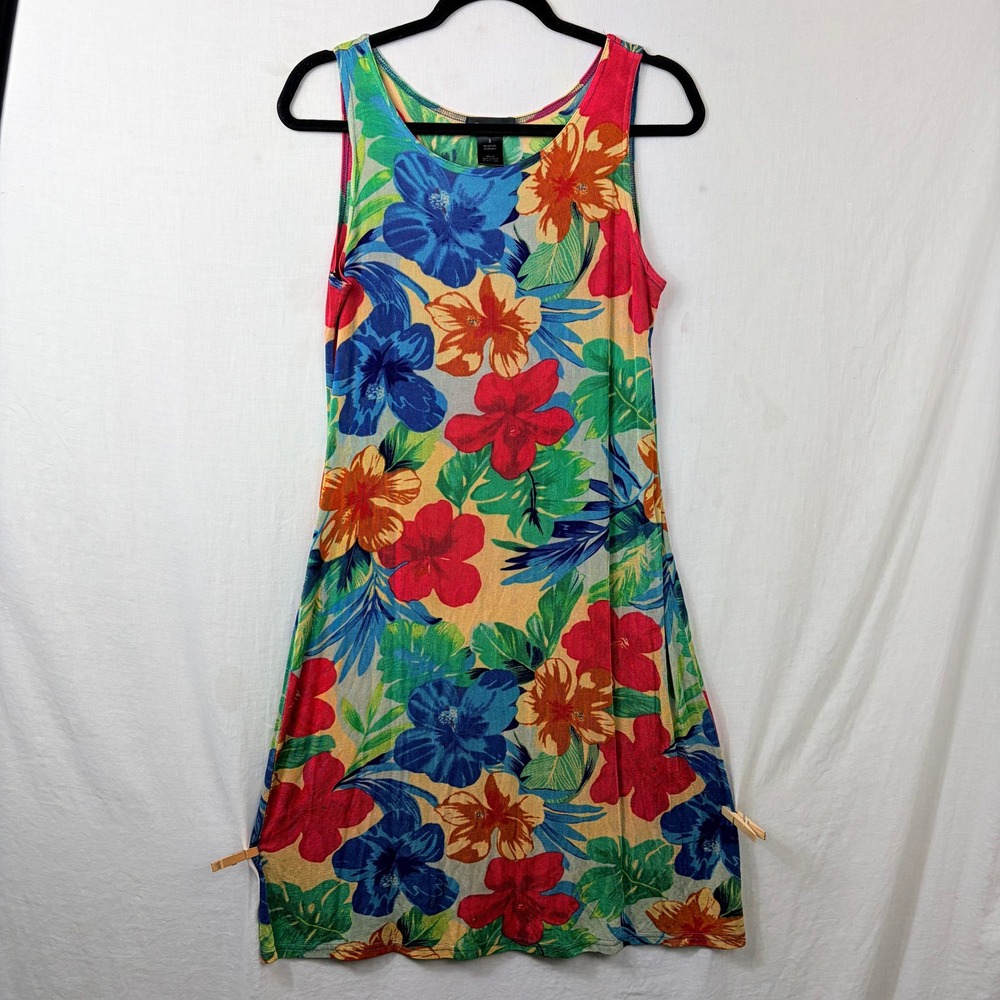 Made in‎ Heaven Sleeveless Acetate Midi Dress Sz Small Floral Tropical Packable